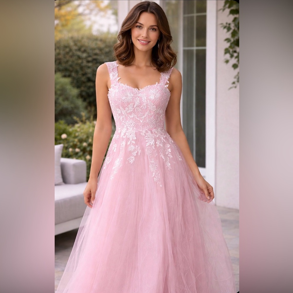Pink Gown with white accents & tulle layers